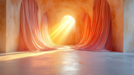 Abstract architectural space with warm sunbeams and draped fabricの写真素材