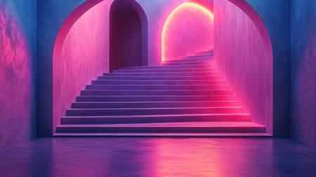 Modern architectural interior with glowing neon lightingの写真素材