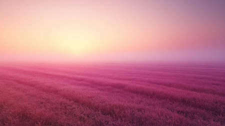 Pink fog covering expansive rural field at sunsetの写真素材