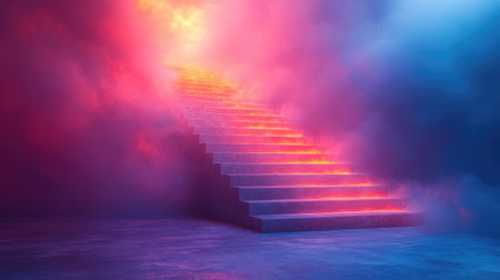Glowing stairs ascending through dreamy colorful smoke