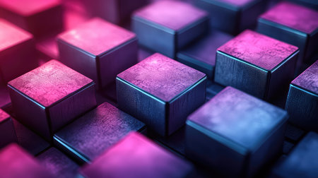 Abstract geometric grid of metallic cubes in neon light