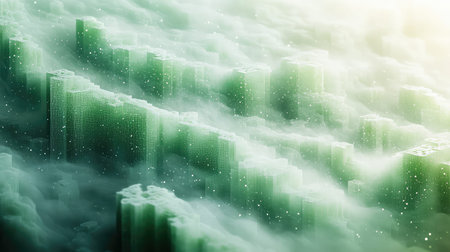 Digital cityscape rising through green voxel data fog