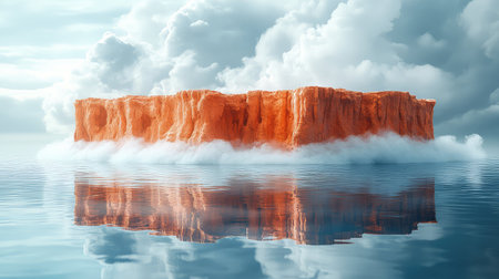 Floating orange cliff formation above calm waterの写真素材