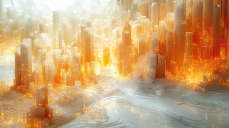 Futuristic digital cityscape glowing orange abstract data visualizationの写真素材