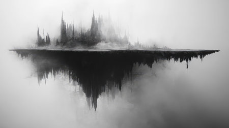 Floating island city in mysterious surreal black and white fog