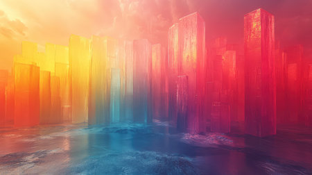 Abstract crystal cityscape reflecting vibrant colorful skyの写真素材