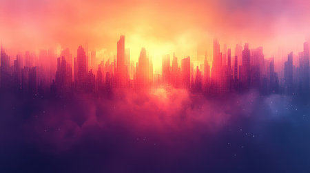 Future cityscape abstract art with vibrant sunset colors