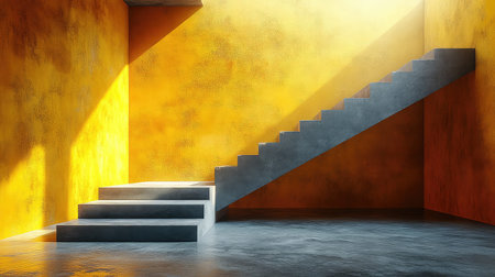 Concrete stairs ascending yellow textured wall with sunray