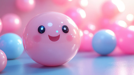 Pink happy smiling emoji character on blue surface