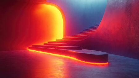 Abstract glowing hallway leading futuristic stairsの写真素材