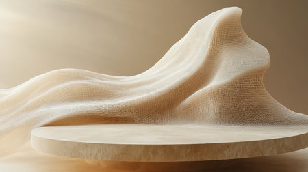 Round product podium with draped fabric mesh backdropの写真素材