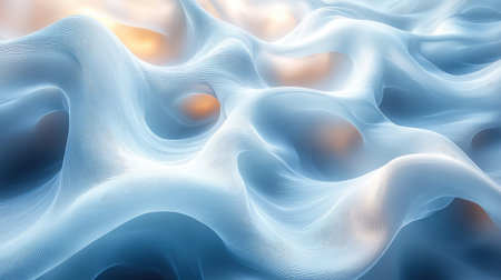 Flowing blue ethereal fabric texture with warm glowing lightの写真素材