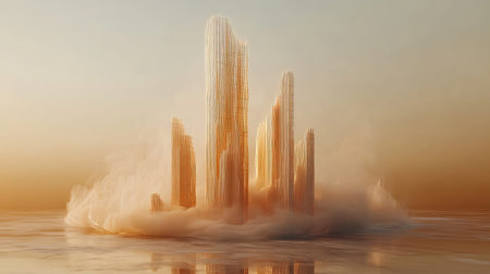 Futuristic city buildings emerging from glowing mist at sunset