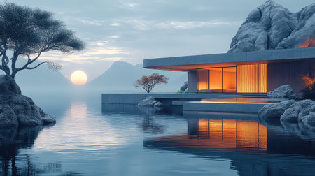 Modern house on lake reflecting sunset with serene natureの写真素材