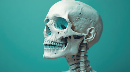 Human skull and skeleton anatomy against teal background