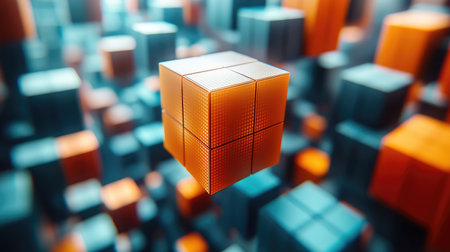 Floating orange data cube connecting digital network infrastructure