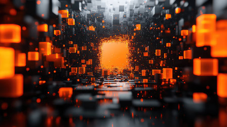 Abstract data stream flowing through digital glowing corridor