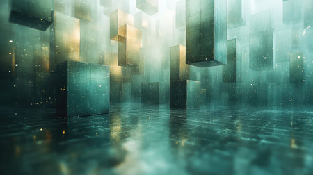 Abstract cityscape raining digital data blocks