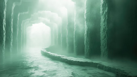 Mysterious foggy cave path leading to lightの写真素材