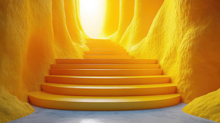 Yellow textured cave with stairs leading to lightの写真素材