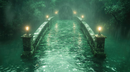 Stone bridge crossing river in a mystical forest rainの写真素材