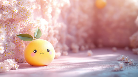 Cute orange fruit character smiling among cherry blossoms