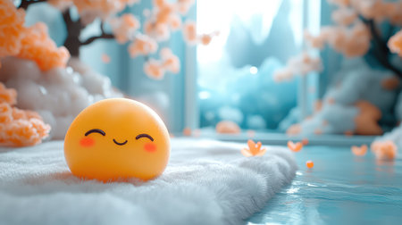 Yellow mochi character smiling in peaceful dreamy wonderlandの写真素材