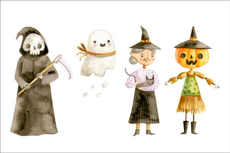 watercolor halloween character collection vector design illustrationのイラスト素材