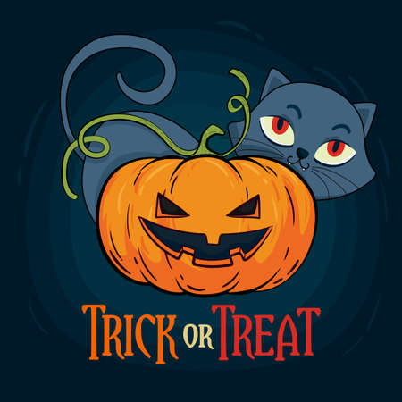 hand drawn halloween cat trick treat vector design illustrationのイラスト素材