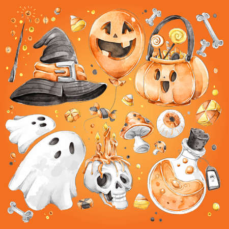 watercolor halloween cute element collection vector design illustrationのイラスト素材