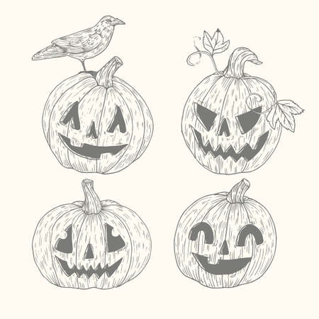 vintage halloween pumpkin collection pencil vector design illustrationのイラスト素材