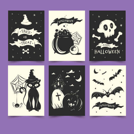 flat halloween card collection black white vector design illustrationのイラスト素材