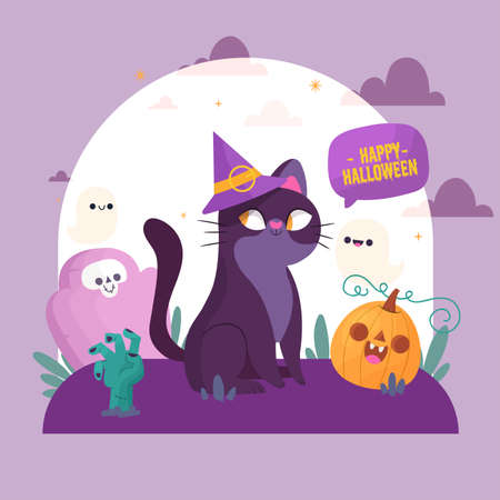 hand drawn halloween cat vector design illustrationのイラスト素材