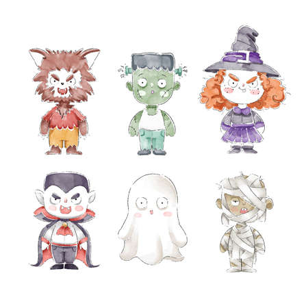 watercolor halloween character costumes collection vector design illustrationのイラスト素材