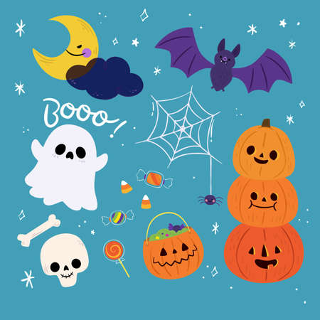 flat halloween element collection starry night vector design illustrationのイラスト素材