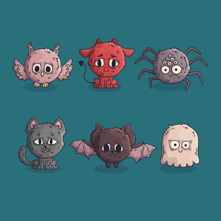 hand drawn halloween animal character collection vector design illustrationのイラスト素材