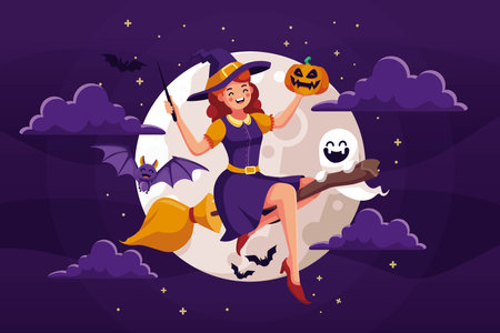cute halloween witch with broom vector design illustrationのイラスト素材