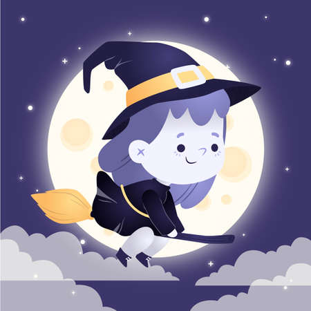 little witch girl flying her broom vector design illustrationのイラスト素材