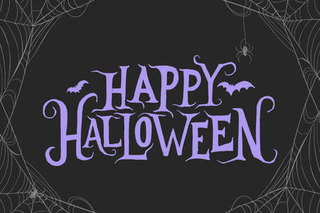 happy halloween lettering with spiderweb vector design illustrationのイラスト素材