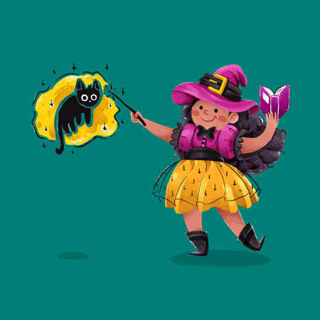cute halloween witch making spell vector design illustrationのイラスト素材