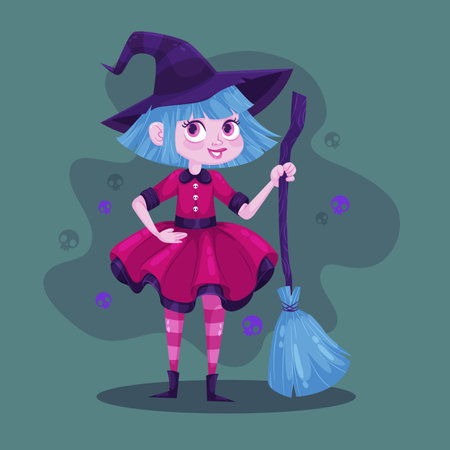 cute halloween witch with broom vector design illustrationのイラスト素材
