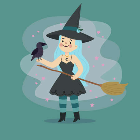 cute halloween witch with broom vector design illustrationのイラスト素材