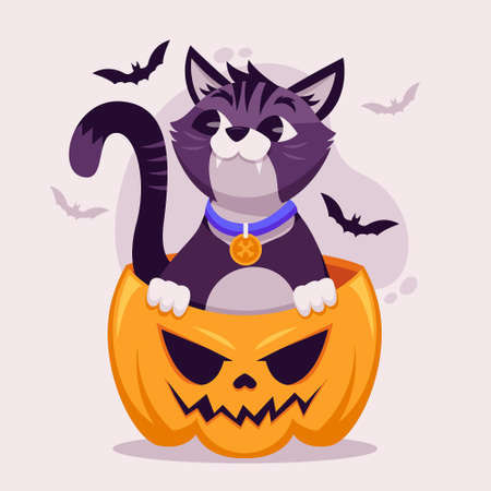 flat design vector illustration halloween cat pumpkinのイラスト素材