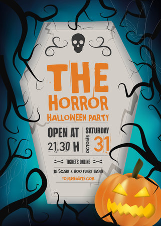 realistic halloween party poster with pumpkin design vector illustrationのイラスト素材