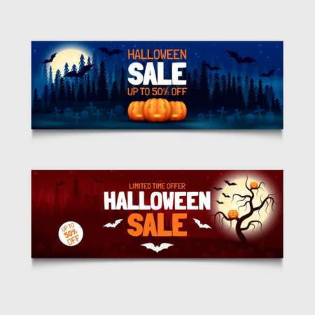 realistic halloween horizontal sale banners set vector design illustrationのイラスト素材