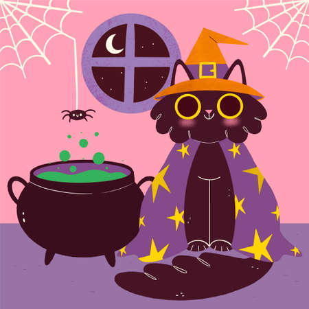 hand drawn halloween cat illustrationのイラスト素材