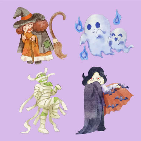 watercolor halloween characters collection vector design illustrationのイラスト素材