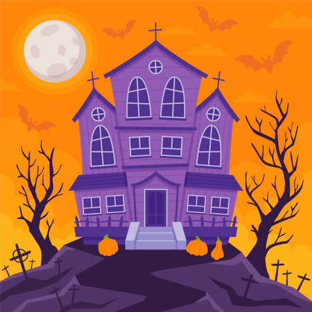 hand drawn flat halloween house vector design illustrationのイラスト素材
