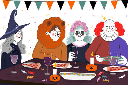 people costumes having halloween dinner vector design illustrationのイラスト素材