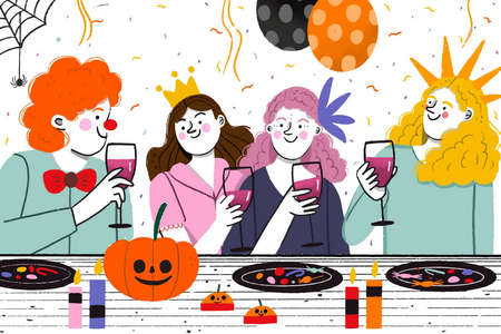people costumes having halloween dinner vector design illustrationのイラスト素材